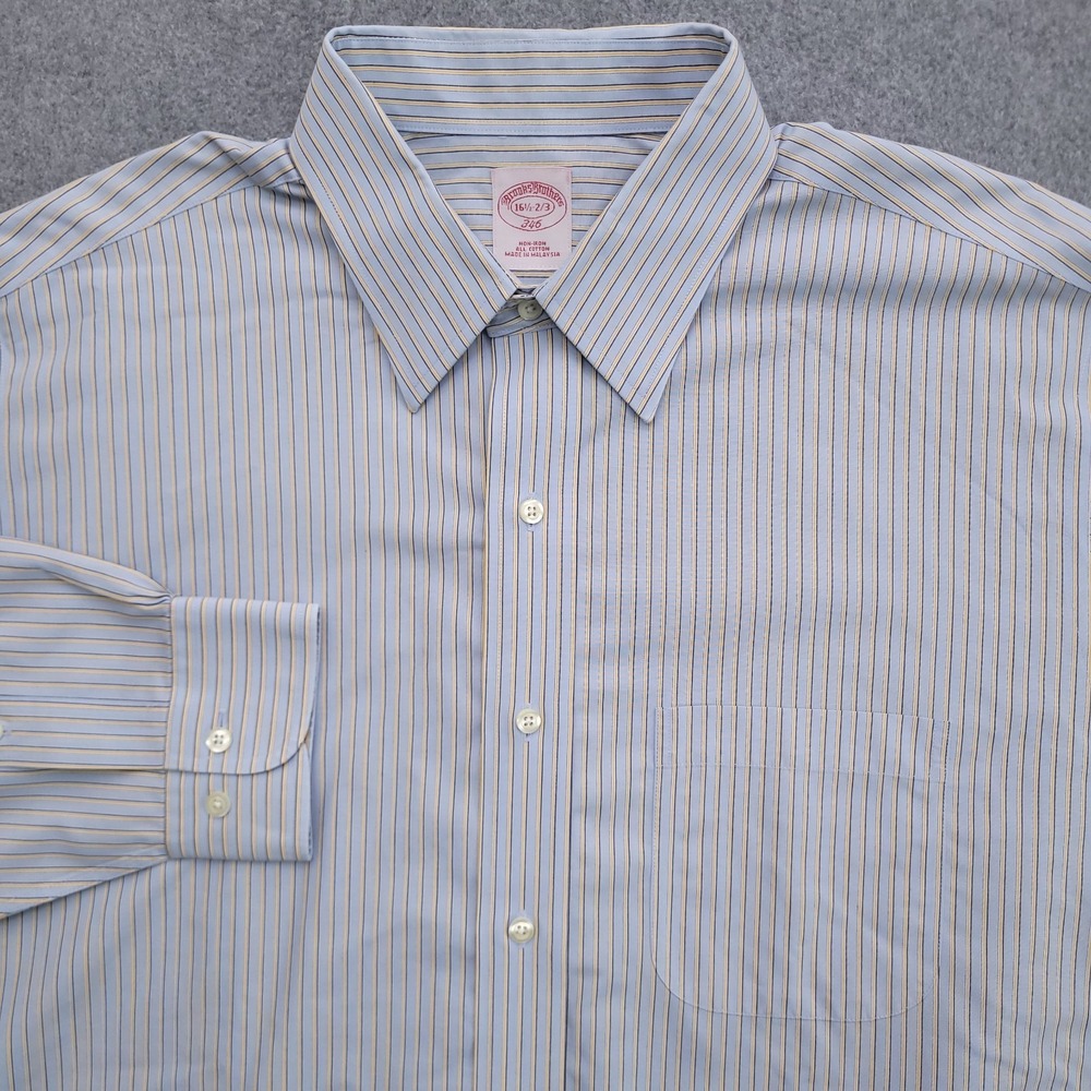 Brooks Brothers Dress Shirt Men 16 32/33 Blue Yellow Stripe Non Iron Regular Fit